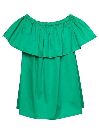 Shop Douuod Emerald Green Ruffle Top With Boat Neckline In Cotton In Blue