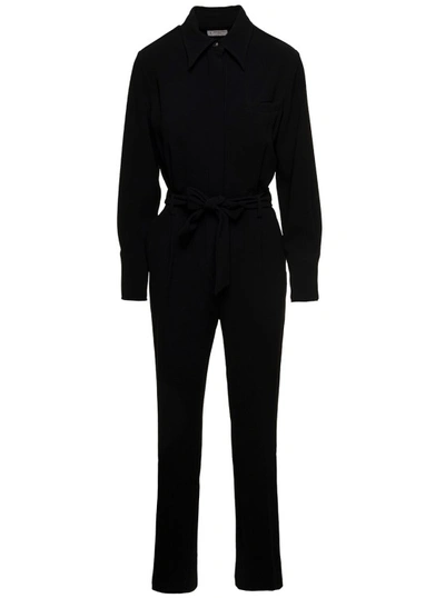 Shop Alberto Biani Black Jumpsuit With Classic Collar And Belt In Triacetate Blend
