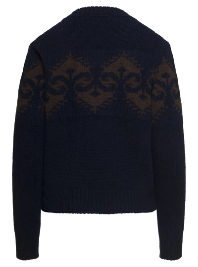 Shop Douuod Blue Contrasting Intarsia Knit Sweater In Wool In Black