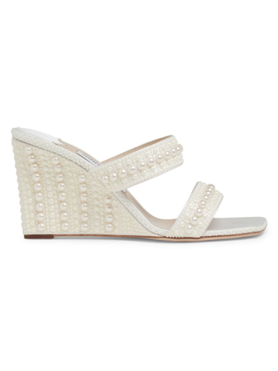 Shop Jimmy Choo Women's Sacoria 85mm Faux Pearl-embellished Wedge Sandals In White