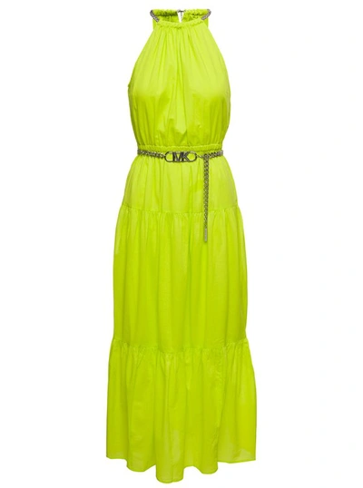 Shop Michael Michael Kors Neon Yellow Halter Neck Maxi Dress With Chain Belt With Logo In Cotton