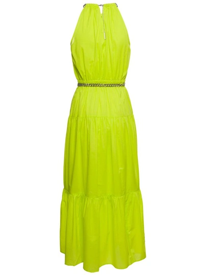 Shop Michael Michael Kors Neon Yellow Halter Neck Maxi Dress With Chain Belt With Logo In Cotton