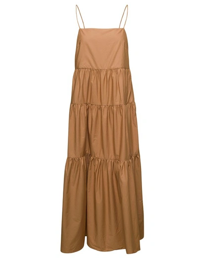 Shop Ivy & Oak Beige Long Dress With Flounces In Organic Cotton In Brown
