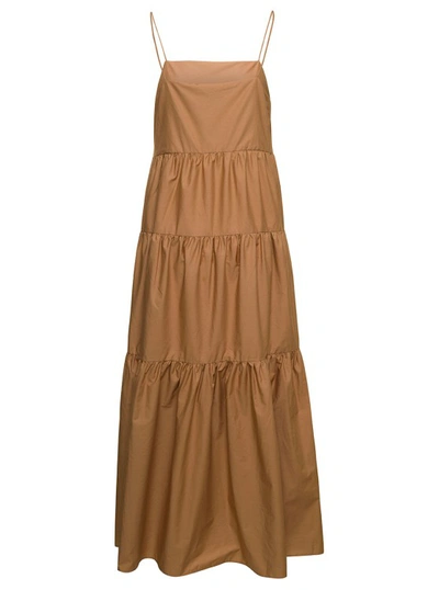 Shop Ivy & Oak Beige Long Dress With Flounces In Organic Cotton In Brown