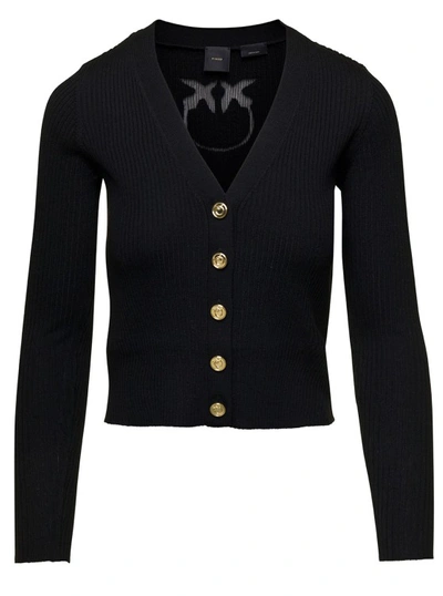 Shop Pinko Black Ribbed Cardigan With Logo Cut-out In Wool