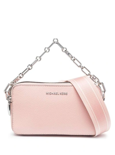 Shop Michael Michael Kors Pink Pouch With Chain And Logo Detail In Hammered Leather In Neutrals