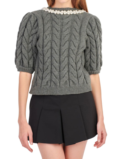 Shop Endless Rose Women's Pearl Trim Cable Knit Top In Charcoal
