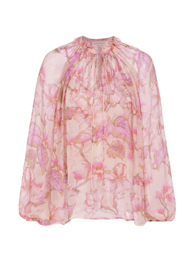 Shop Zimmermann Women's Matchmaker Semi-sheer Floral Blouse In Coral Hibiscus