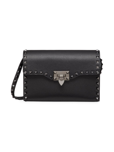 Shop Valentino Women's Small Rockstud Grainy Calfskin Crossbody Bag In Black