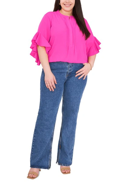 Vince Camuto Ruffle Sleeve Split Neck Blouse In Hot Pink