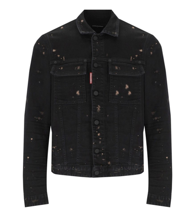 Shop Dsquared2 Icon Boxy Jean Distressed Denim Jacket In Black