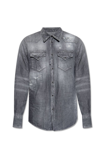 Shop Dsquared2 Distressed Denim Shirt In Grey