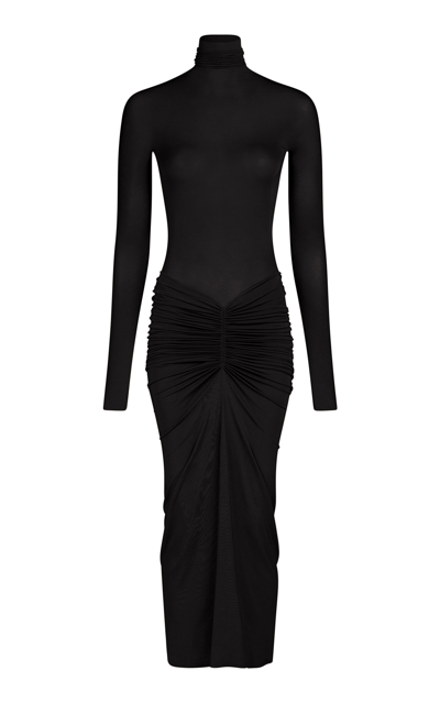 Shop Alaïa Gathered Jersey Midi Dress In Black