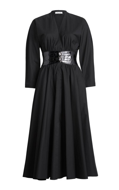 Shop Alaïa Belted Cotton Midi Dress In Black