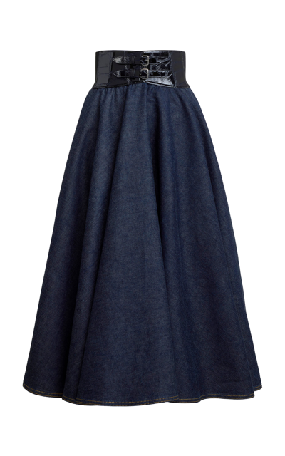 Shop Alaïa Belted Cotton Midi Skirt In Dark Wash
