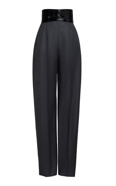 Shop Alaïa Belted High-waisted Wool Pants In Grey