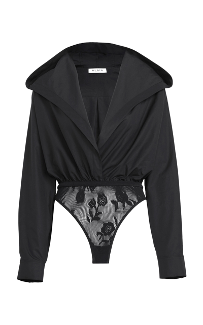 Shop Alaïa Hooded Nylon-cotton Bodysuit In Black