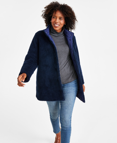 Shop Style & Co Petite Reversible Quilted & Sherpa Jacket, Created For Macy's In Industrial Blue