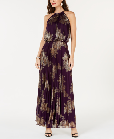 Shop Msk Metallic-print Pleated Blouson Gown In Black,gold