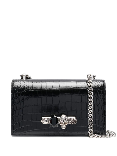 Alexander Mcqueen Black And Silver Jewelled Satchel Bag In Crocodile-effect Leather In Nero