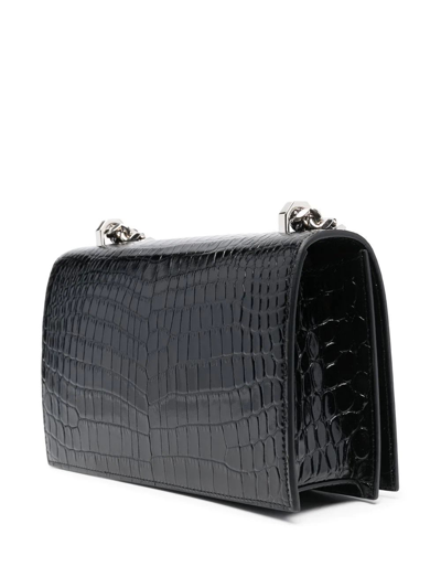 Alexander Mcqueen Black And Silver Jewelled Satchel Bag In Crocodile-effect Leather In Nero