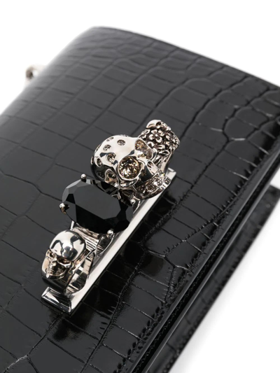 Alexander Mcqueen Black And Silver Jewelled Satchel Bag In Crocodile-effect Leather In Nero