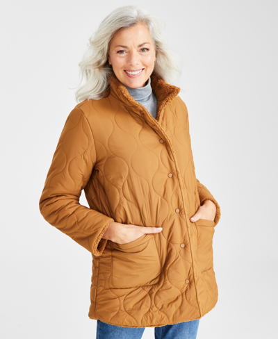 Shop Style & Co Petite Reversible Quilted & Sherpa Jacket, Created For Macy's In Caramel Kiss