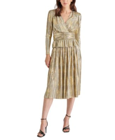 Shop Steve Madden Womens Azura Pleated Metallic V Neck Top Darcy Metallic Pleated Midi Skirt In Gold