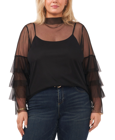 Shop Vince Camuto Trendy Plus Size Tiered-sleeve Mesh Mock Neck Blouse In Rich Black