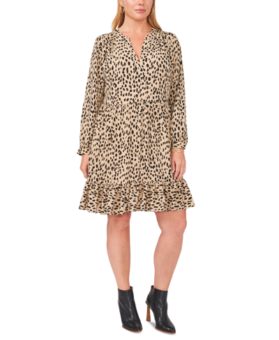 Shop Vince Camuto Plus Size Animal Print Long Sleeve Split Neck Baby Doll Dress In Khaki Haze