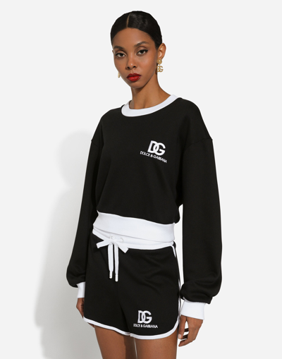 Dolce & Gabbana Ribbed Crew-neck Sweatshirt With Contrasting Cuffs And Hemline In ブラック