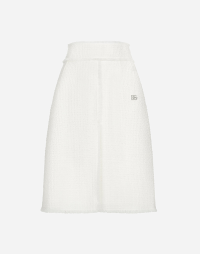 Shop Dolce & Gabbana Raschel Tweed Midi Skirt With Central Slit In White