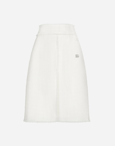 Dolce & Gabbana Raschel Tweed Midi Skirt With Central Slit In White