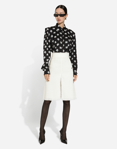 Dolce & Gabbana Raschel Tweed Midi Skirt With Central Slit In White