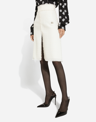 Dolce & Gabbana Raschel Tweed Midi Skirt With Central Slit In White