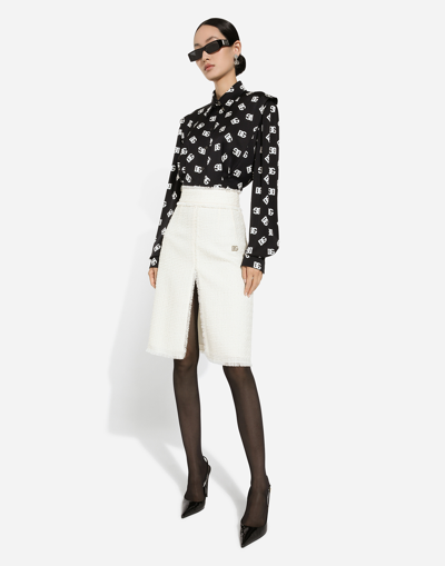 Dolce & Gabbana Raschel Tweed Midi Skirt With Central Slit In White