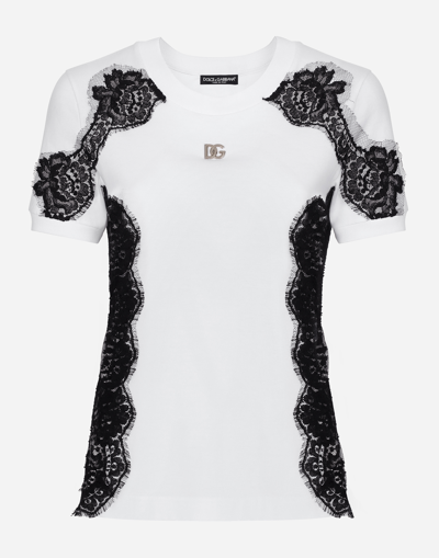 Dolce & Gabbana Logo Plaque T-shirt With Lace Inserts In ホワイト