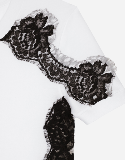 Dolce & Gabbana Logo Plaque T-shirt With Lace Inserts In ホワイト
