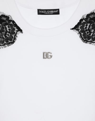 Dolce & Gabbana Logo Plaque T-shirt With Lace Inserts In ホワイト