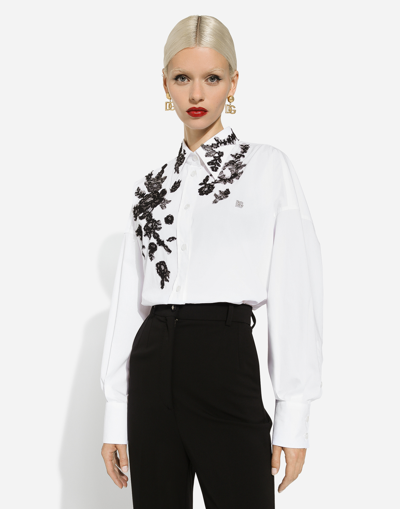 Shop Dolce & Gabbana Oversize Cotton Shirt With Lace Appliqués In White