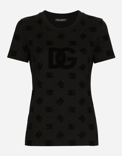 Shop Dolce & Gabbana Jersey T-shirt With All-over Flocked Dg Logo In Black