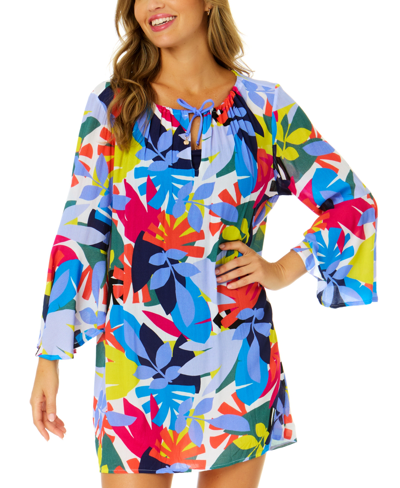 Shop Anne Cole Women's Floral Bell-sleeve Cover-up Tunic In Tropical Foral