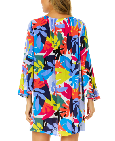 Shop Anne Cole Women's Floral Bell-sleeve Cover-up Tunic In Tropical Foral