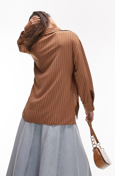 Shop Topshop Stripe Long Sleeve Wrap Shirt In Brown Multi