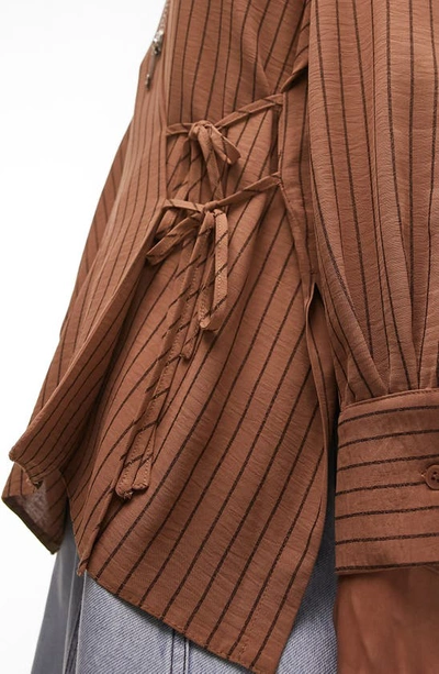 Shop Topshop Stripe Long Sleeve Wrap Shirt In Brown Multi