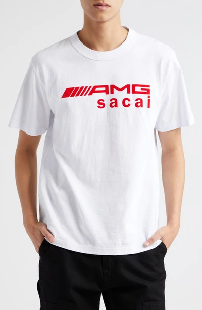 Shop Sacai Amg Flocked Logo Cotton Graphic T-shirt In White
