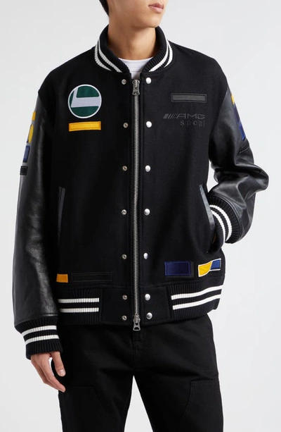 Shop Sacai Amg Patch Wool & Leather Varsity Jacket In Black