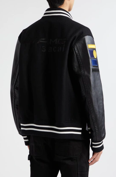 Shop Sacai Amg Patch Wool & Leather Varsity Jacket In Black
