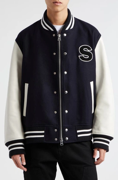 Shop Sacai Amg Logo Embroidered Wool & Leather Varsity Jacket In Navy Off White