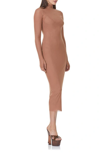 Shop Afrm Shailene Sheer Long Sleeve Dress In Raw Umber